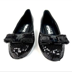 SALVATORE FERRAGAMO Vara Bow Black Sequin Block Heel Ballet Pumps Size 5